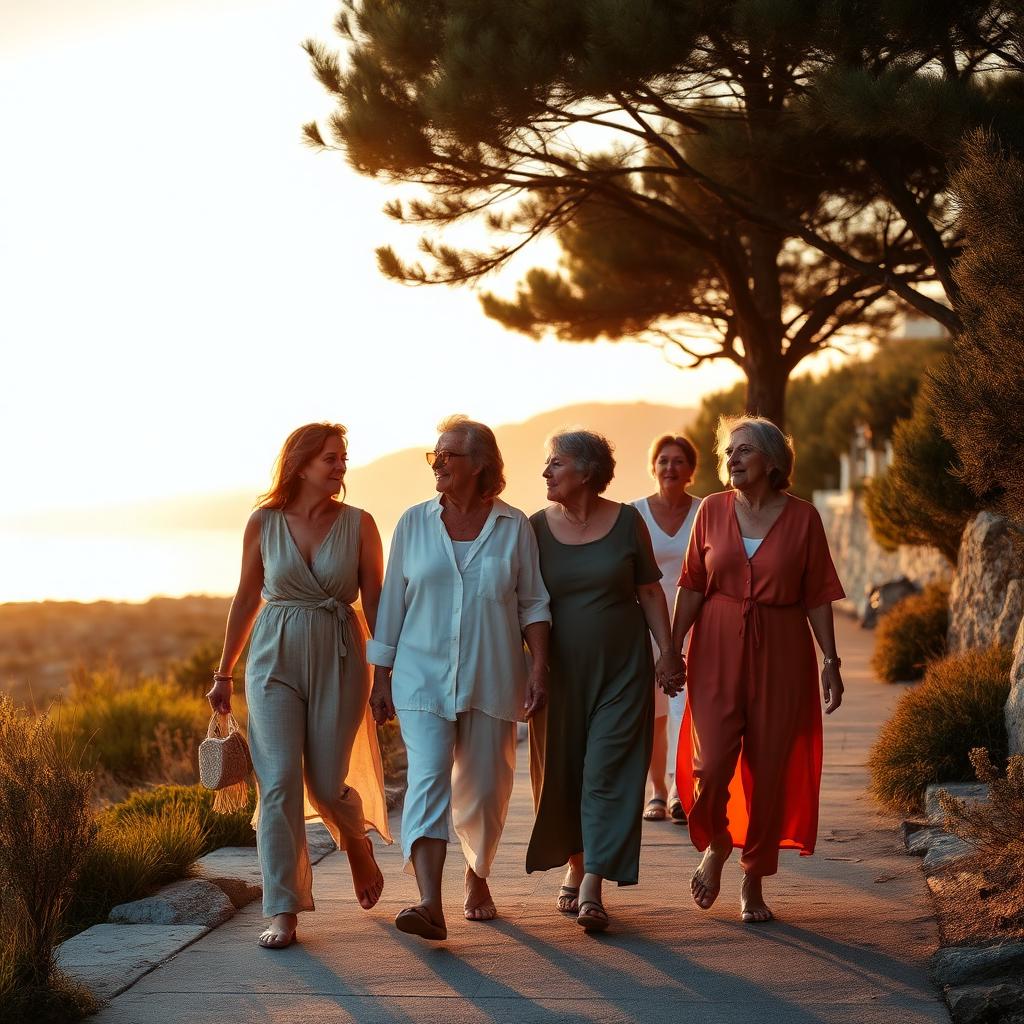 Mulheres caminhando juntas em paisagem mediterrânea